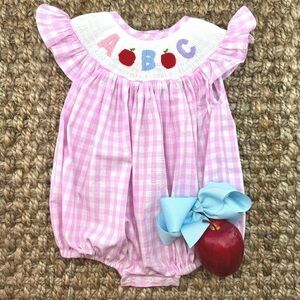 PleatsAndStitches ABC Smocked Bubble in Pink Gingham size 18 months